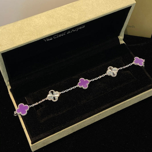 [Charm Aries Jewelry]CLOVER  5 MOTIFS  PURPLE VIOLET BRACELET SILVER