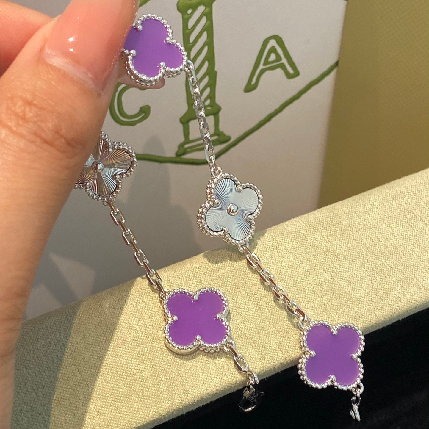 [Charm Aries Jewelry]CLOVER  5 MOTIFS  PURPLE VIOLET BRACELET SILVER