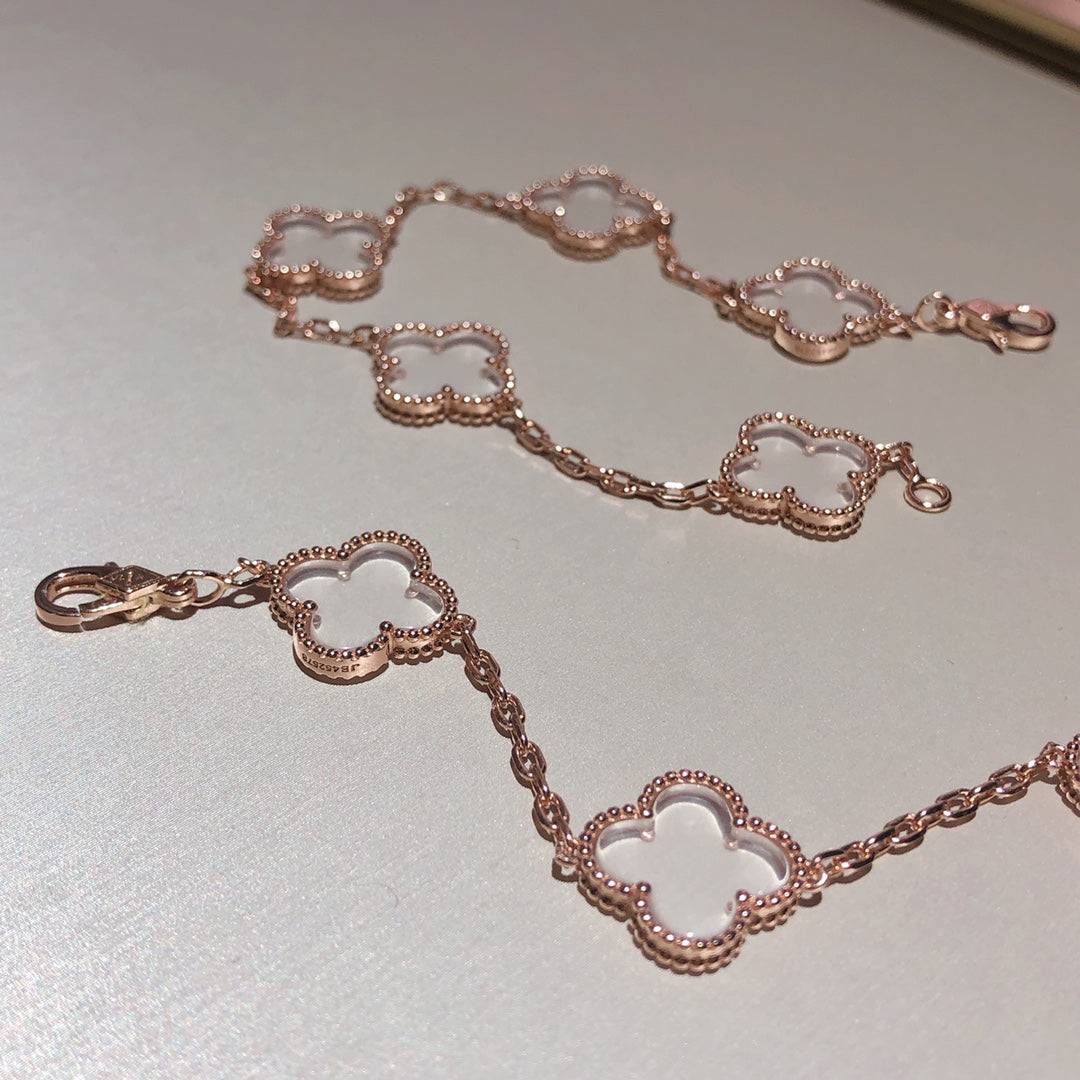 [Charm Aries Jewelry]CLOVER 5 MOTIF ROCK CRYSTAL PINK GOLD BRACELET