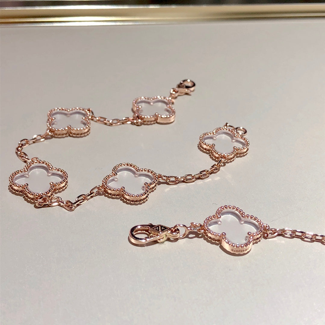 [Charm Aries Jewelry]CLOVER 5 MOTIF ROCK CRYSTAL PINK GOLD BRACELET