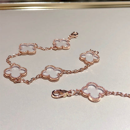 [Charm Aries Jewelry]CLOVER 5 MOTIF ROCK CRYSTAL PINK GOLD BRACELET