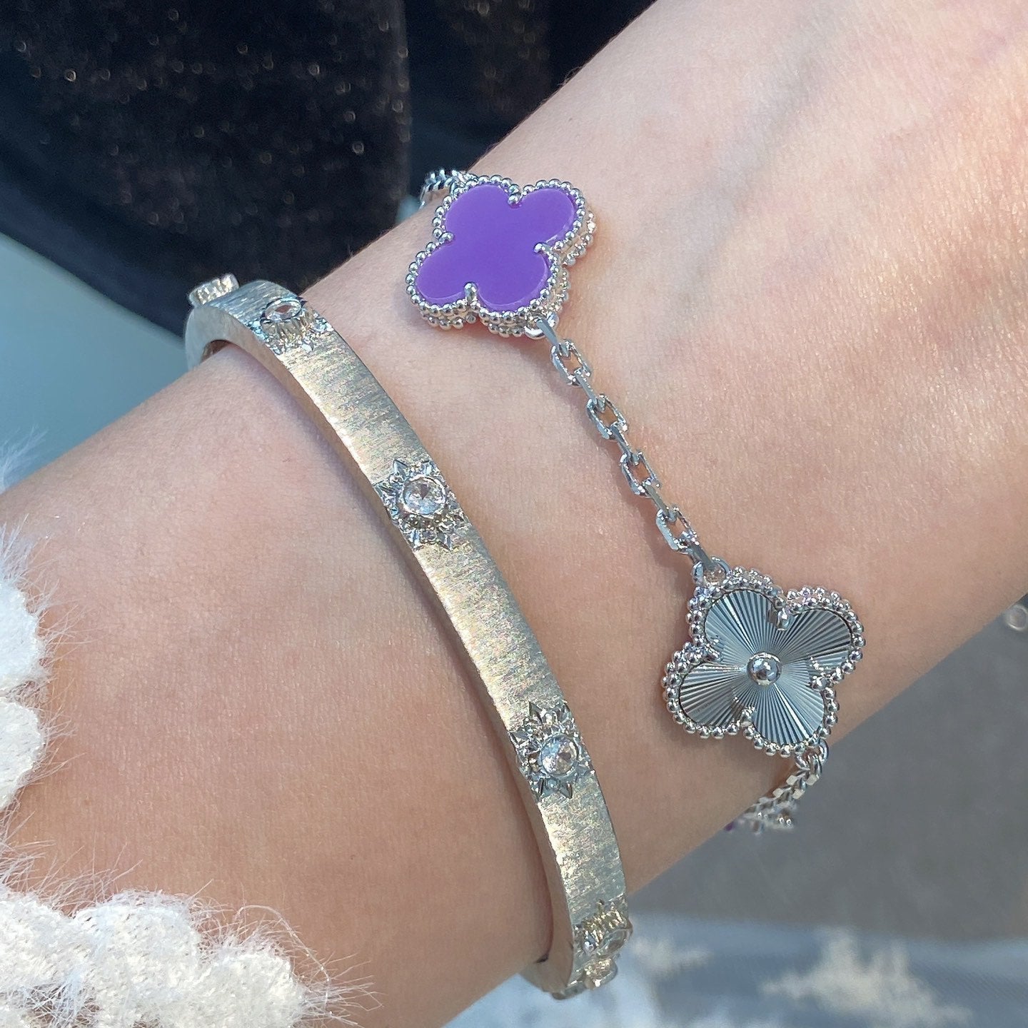 [Charm Aries Jewelry]CLOVER  5 MOTIFS  PURPLE VIOLET BRACELET SILVER