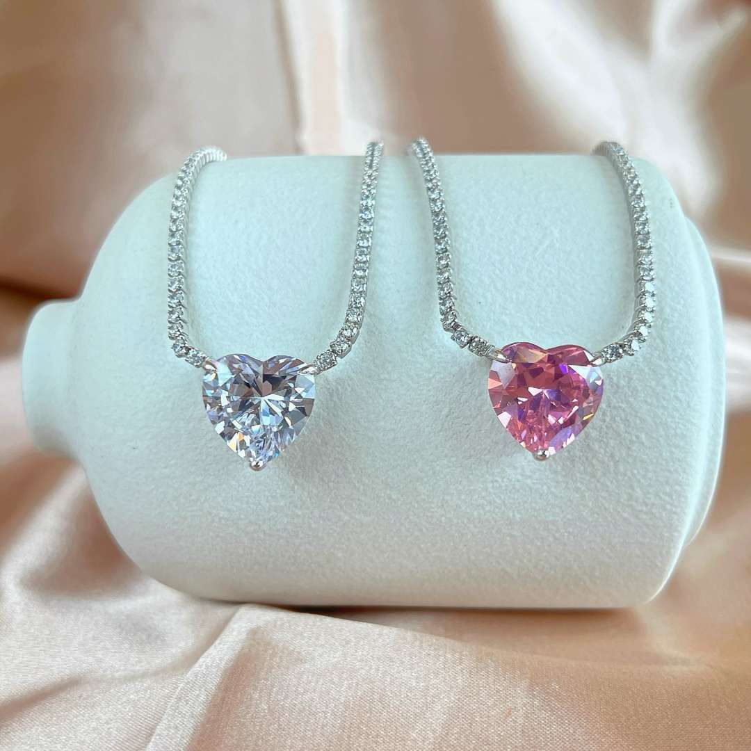 [Charm Aries Jewelry]8.0 Carat Versatile Colorful Sweet Heart-Shaped Tennis Necklace