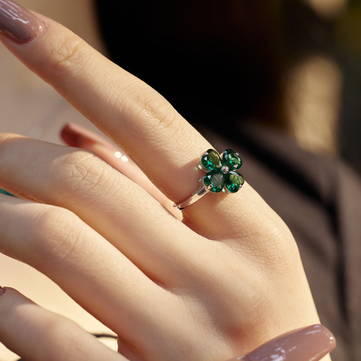 [Charm Aries Jewelry]Heart-shaped Four-Leaf Clover Ball Ring