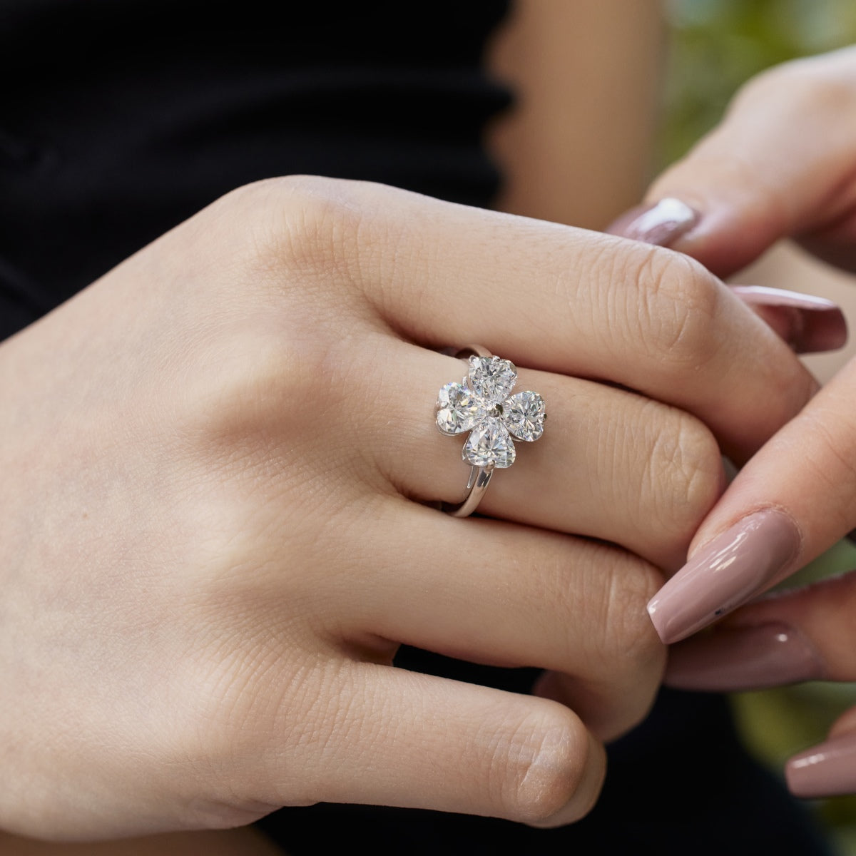 [Charm Aries Jewelry]Heart-shaped Four-Leaf Clover Ball Ring