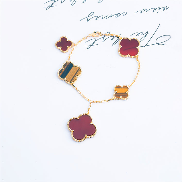 [Charm Aries Jewelry]CLOVER BRACELET 5 MOTIFS CARNELIAN TIGER EYE