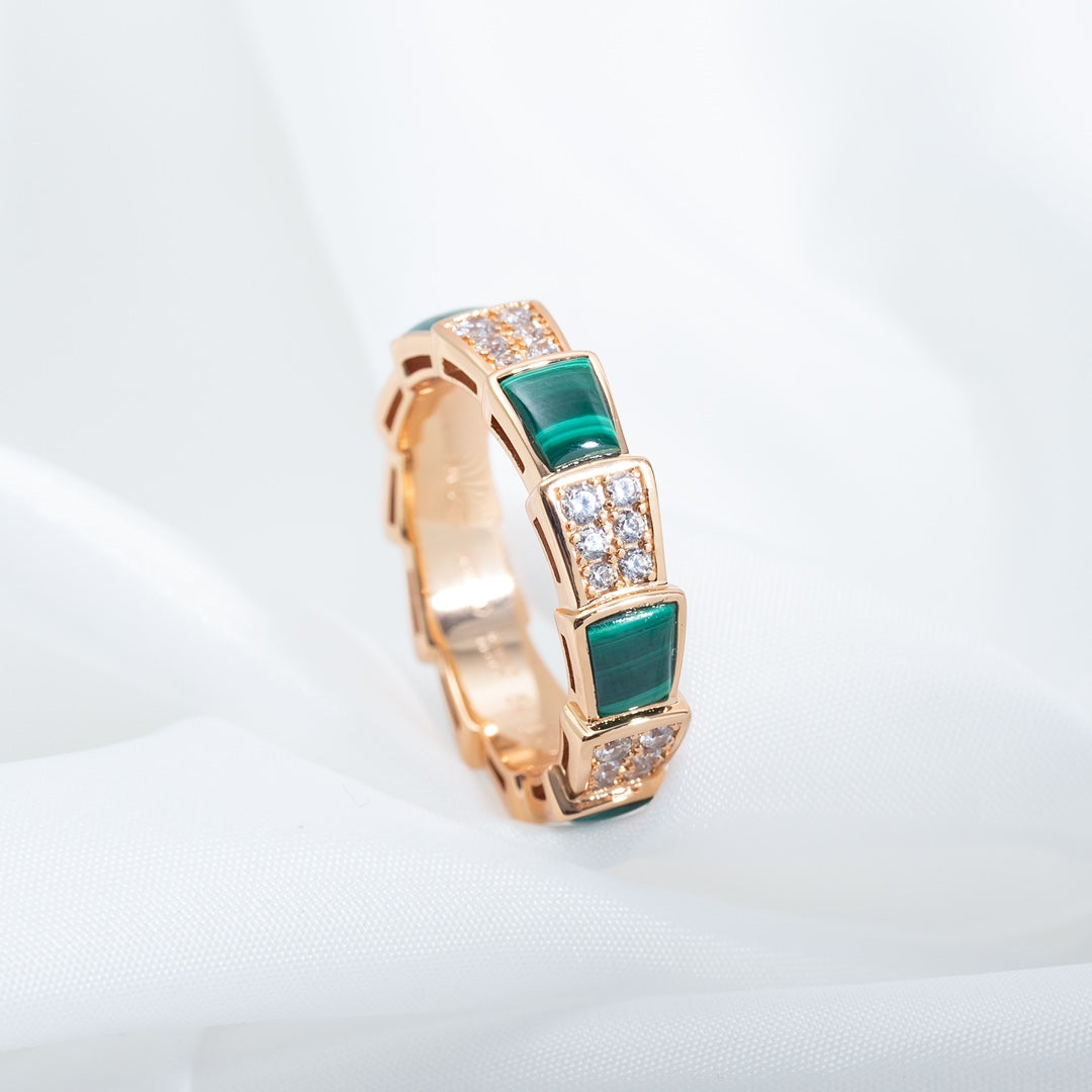 [Charm Aries Jewelry]SERPENTI RING PINK GOLD MALACHITE DIAMOND PAVED 4MM