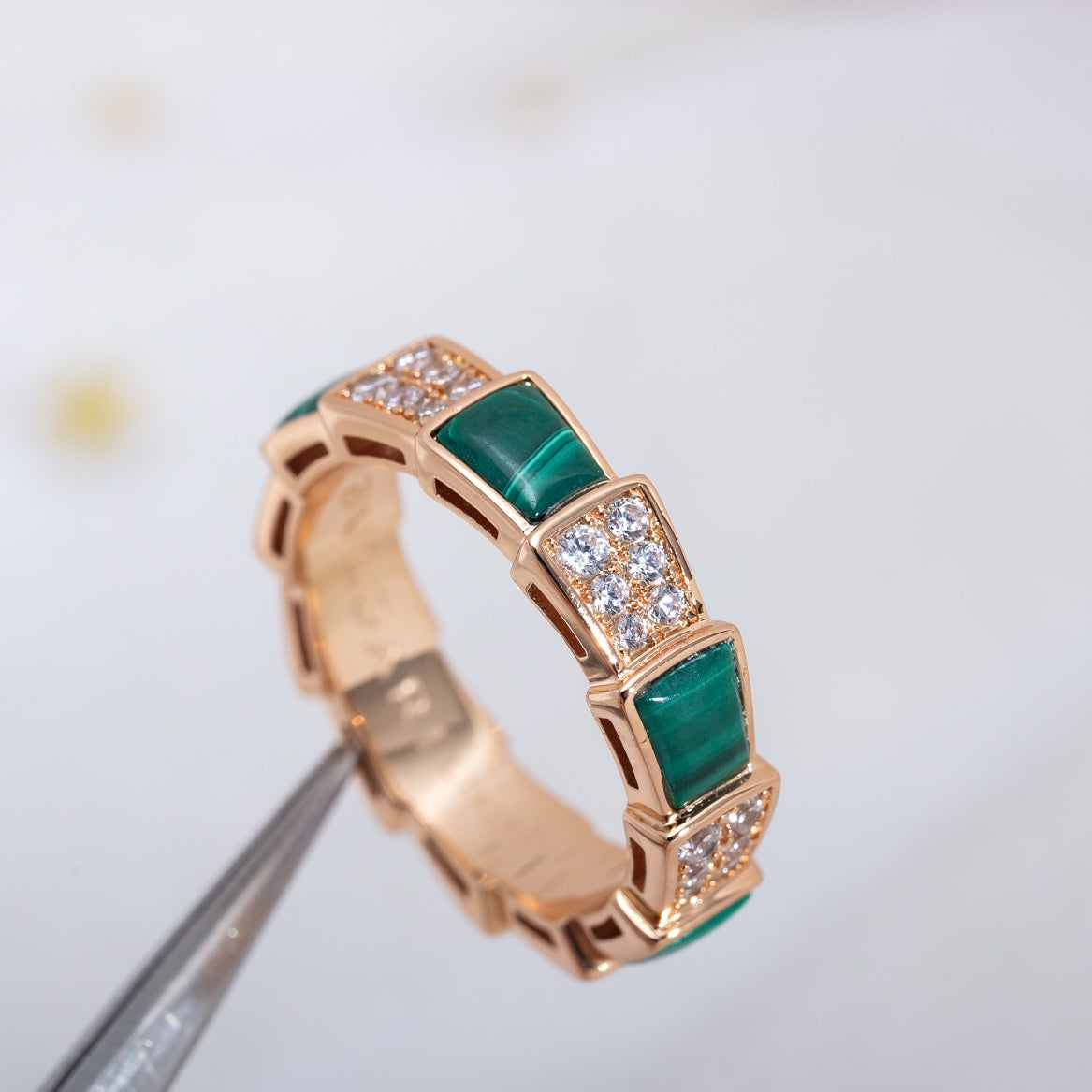 [Charm Aries Jewelry]SERPENTI RING PINK GOLD MALACHITE DIAMOND PAVED 4MM