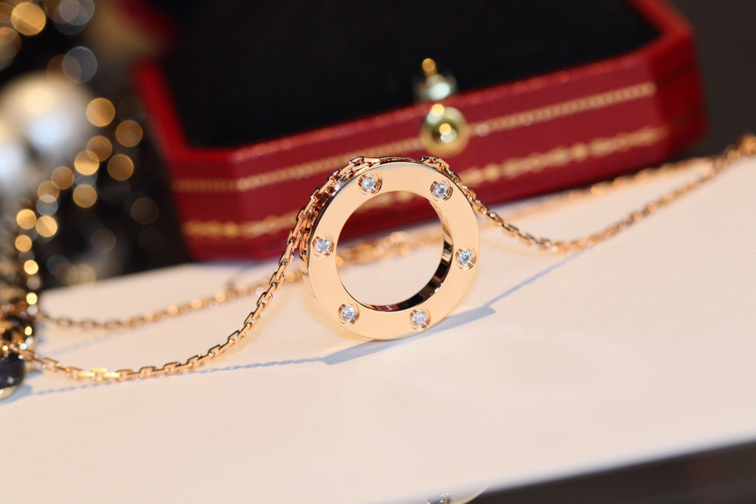 [Charm Aries Jewelry]LOVE NECKLACE 16MM 6 DIAMONDS PINK GOLD