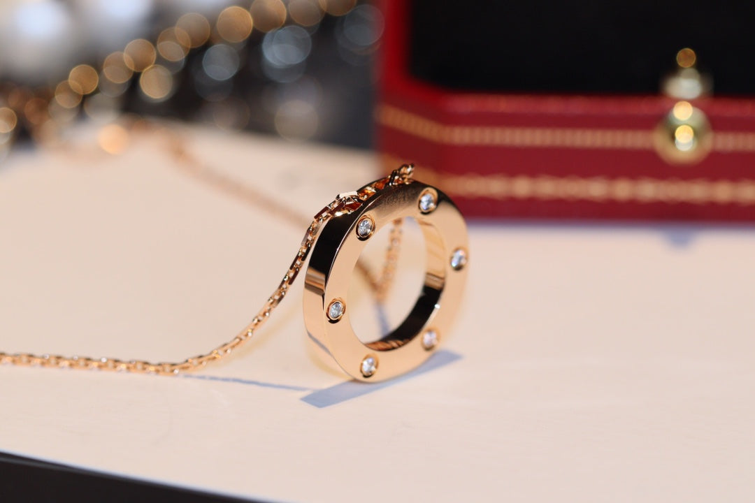 [Charm Aries Jewelry]LOVE NECKLACE 16MM 6 DIAMONDS PINK GOLD
