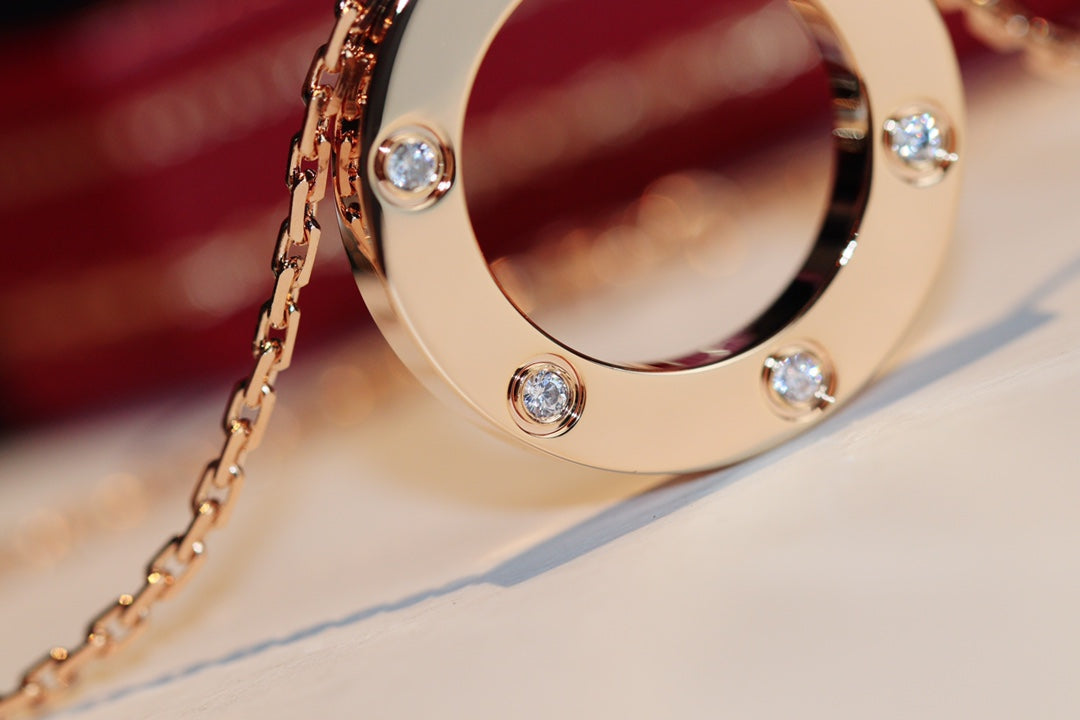 [Charm Aries Jewelry]LOVE NECKLACE 16MM 6 DIAMONDS PINK GOLD