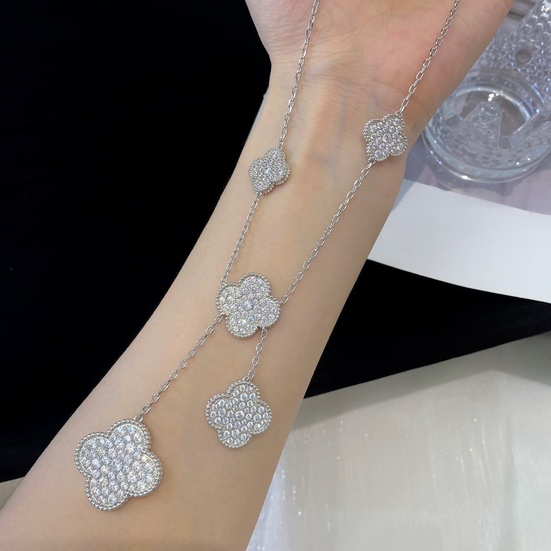 [Charm Aries Jewelry]CLOVER 5 MOTIFS SILVER DIAMONDS NECKLACE