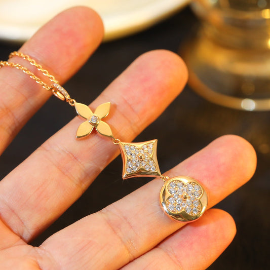 [Charm Aries Jewelry]STAR AND SUN DIAMOND PINK GOLD NECKLACE