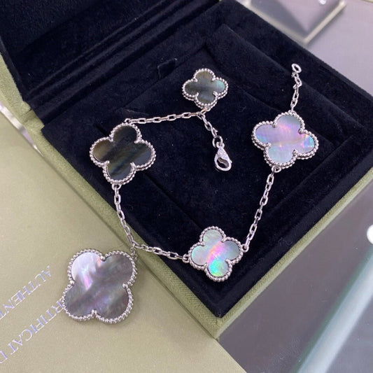 [Charm Aries Jewelry]CLOVER 5 MOTIFS SIVLER DARK MOP BRACELET