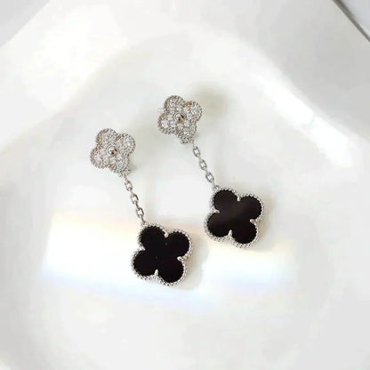 [Charm Aries Jewelry]CLOVER 2 MOTIFS  DIAMOND ONYX EARRINGS SILVER