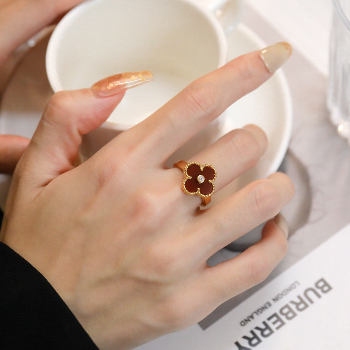 [Charm Aries Jewelry]CLOVER CARNELIAN RING ROSE GOLD DIAMOND