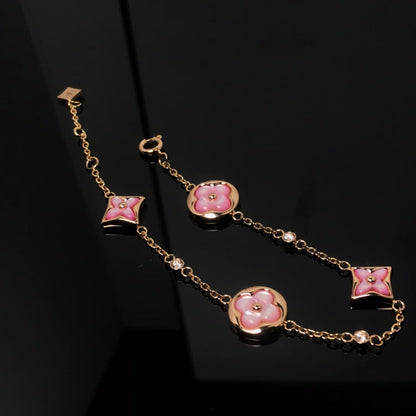 [Charm Aries Jewelry]STAR AND SUN 4 MOTIF PINK MOP PINK GOLD BRACELET