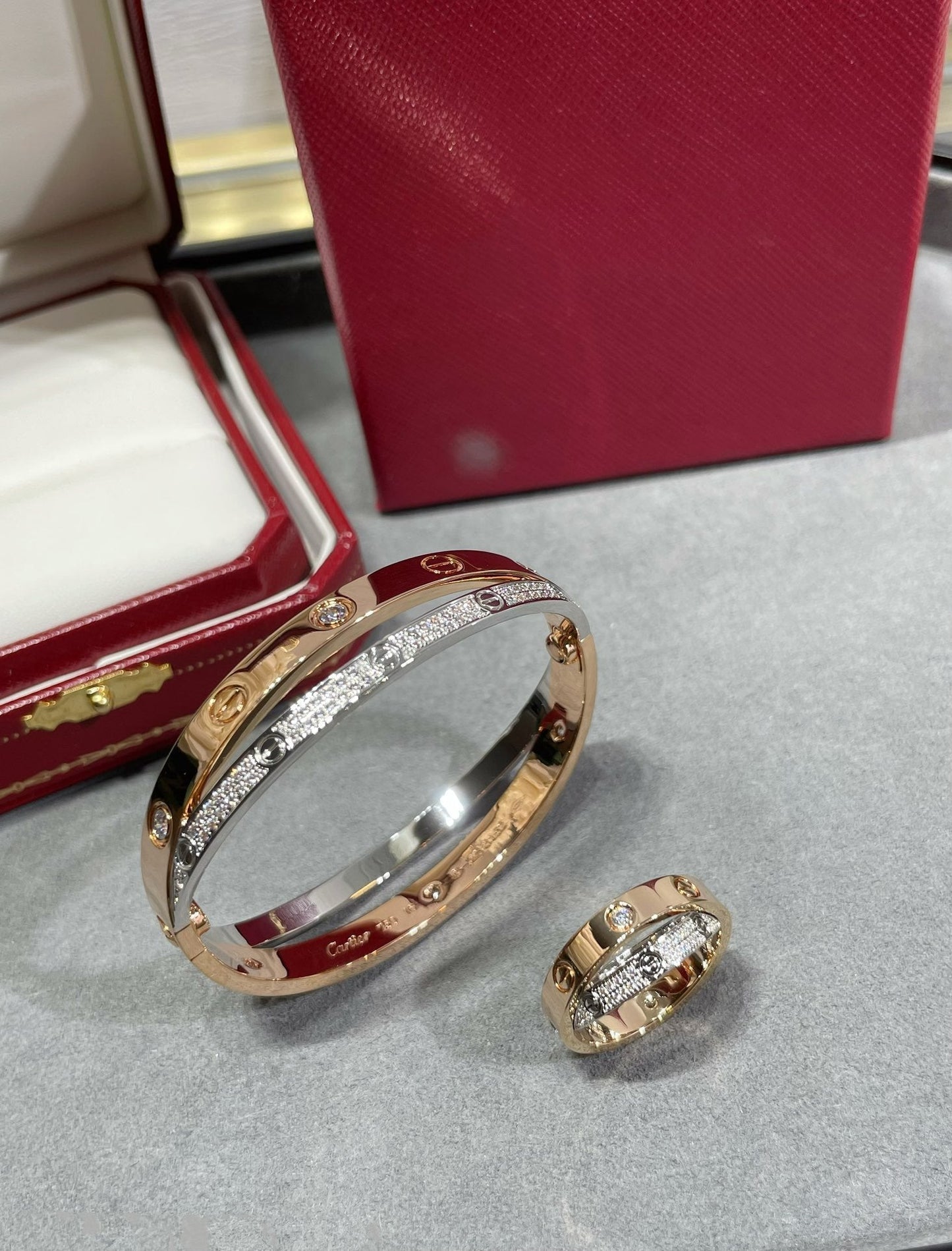 [Charm Aries Jewelry]LOVE PINK GOLD SILVER DIAMOND DOUBLE RING