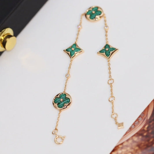 [Charm Aries Jewelry]STAR AND SUN 4 MOTIF PINK GOLD MALACHITE BRACELET