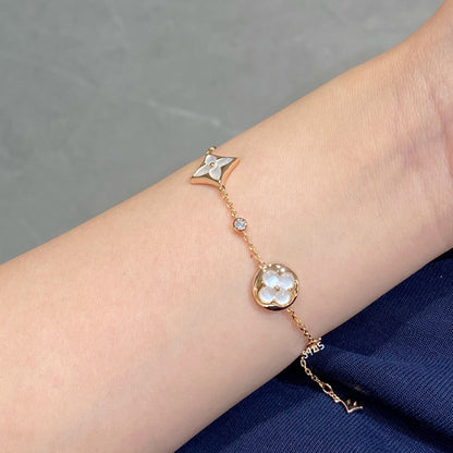 [Charm Aries Jewelry]STAR AND SUN 4 MOTIF WHITE MOP PINK GOLD BRACELET