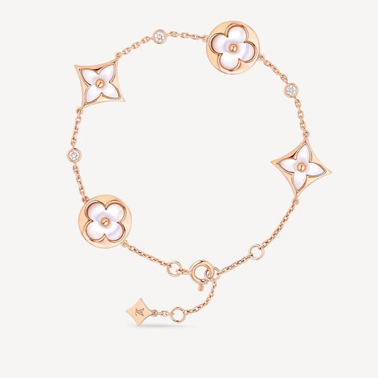 [Charm Aries Jewelry]STAR AND SUN 4 MOTIF WHITE MOP PINK GOLD BRACELET