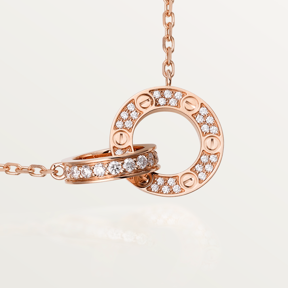[Charm Aries Jewelry]LOVE 7.6MM NECKLACE ROSE GOLD AND SILVER  FULL DIAMOND