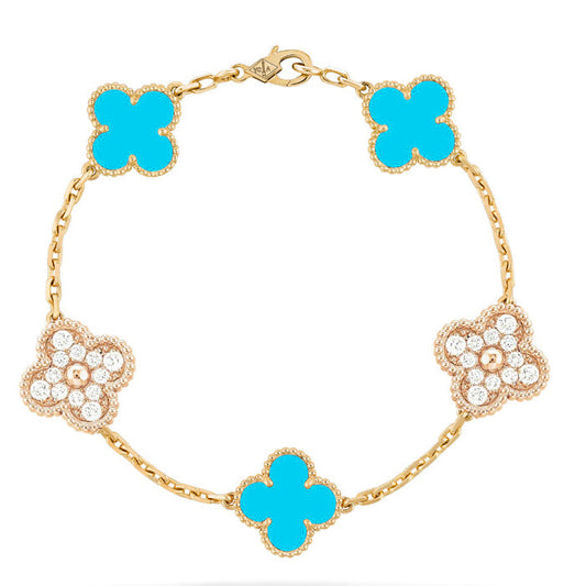 [Charm Aries Jewelry]CLOVER 5 MOTIF TURQUOISE DIAMOND GOLD BRACELET