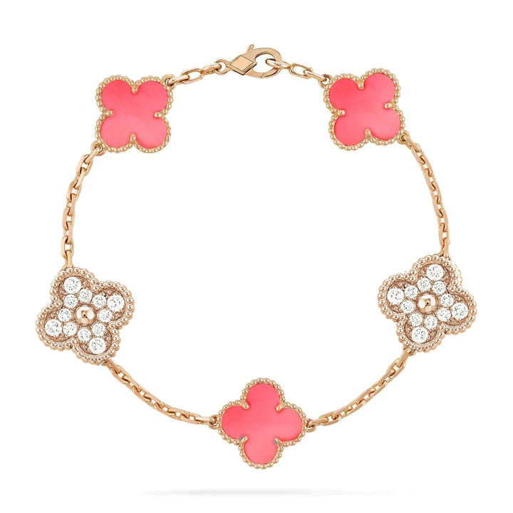 [Charm Aries Jewelry]CLOVER 5 MOTIF DIAMOND PINK MOP PINK GOLD BRACELET