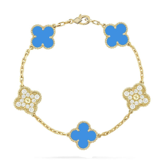 [Charm Aries Jewelry]CLOVER 5 MOTIF BLUE CHALCEDONY DIAMOND GOLD BRACELET