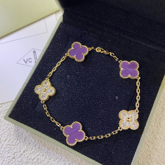 [Charm Aries Jewelry]CLOVER  5 MOTIFS  PURPLE VIOLET DIAMOND BRACELET