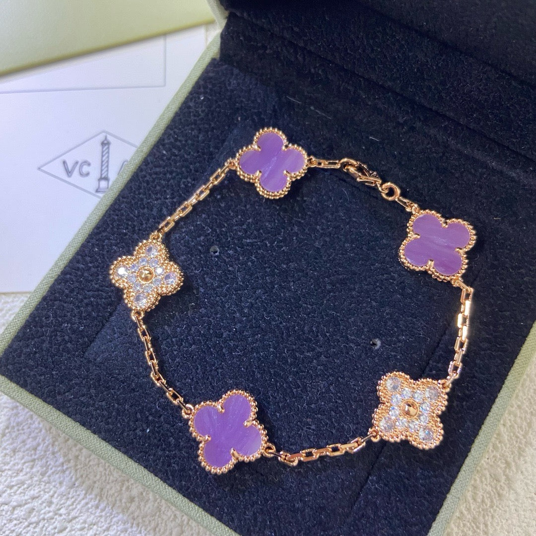 [Charm Aries Jewelry]CLOVER  5 MOTIFS  PURPLE VIOLET DIAMOND BRACELET