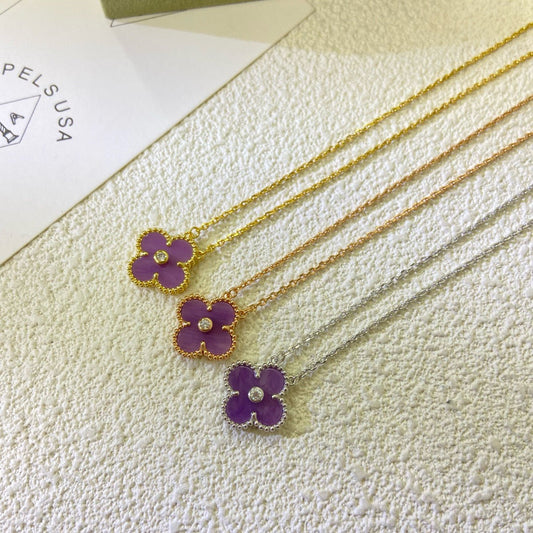 [Charm Aries Jewelry]CLOVER 15MM DIAMOND  PURPLE VIOLET NECKLACE