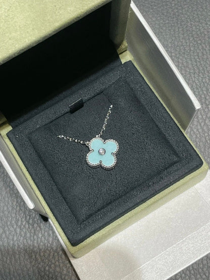 [Charm Aries Jewelry]CLOVER 1 DIAMOND LIGHT BLUE SILVER NECKLACE