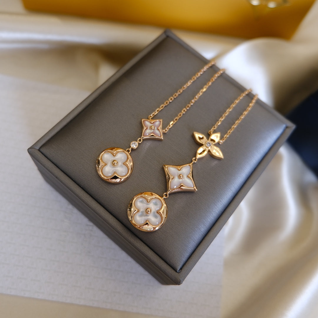 [Charm Aries Jewelry]COLOR BLOSSOM LARIAT NECKLACE PINK GOLD WHITE MOTHER PEARL AND DIAMOND