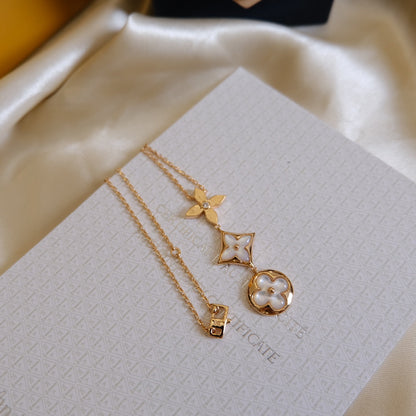 [Charm Aries Jewelry]COLOR BLOSSOM LARIAT NECKLACE PINK GOLD WHITE MOTHER PEARL AND DIAMOND