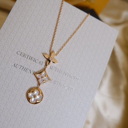 [Charm Aries Jewelry]COLOR BLOSSOM LARIAT NECKLACE PINK GOLD WHITE MOTHER PEARL AND DIAMOND