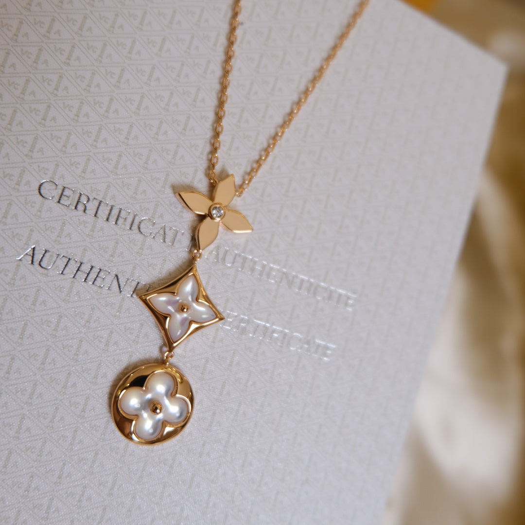 [Charm Aries Jewelry]COLOR BLOSSOM LARIAT NECKLACE PINK GOLD WHITE MOTHER PEARL AND DIAMOND
