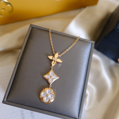 [Charm Aries Jewelry]COLOR BLOSSOM LARIAT NECKLACE PINK GOLD WHITE MOTHER PEARL AND DIAMOND