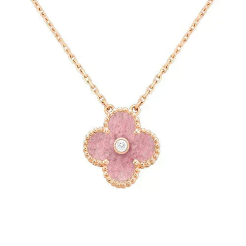 [Charm Aries Jewelry]CLOVER 15MM DIAMOND RHODONITE NECKLACE
