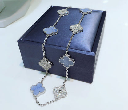 [Charm Aries Jewelry]CLOVERS THE 10-MOTIFS CHALCEDONY DIAMONDS SILVER NECKLACE