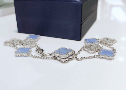 [Charm Aries Jewelry]CLOVERS THE 10-MOTIFS CHALCEDONY DIAMONDS SILVER NECKLACE