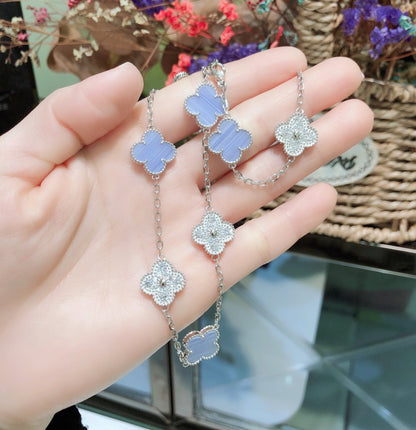 [Charm Aries Jewelry]CLOVERS THE 10-MOTIFS CHALCEDONY DIAMONDS SILVER NECKLACE