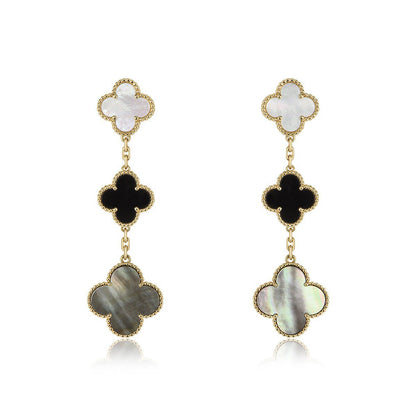 [Charm Aries Jewelry]CLOVER EARRINGS GOLD ONYX MOP 3 MOTIF